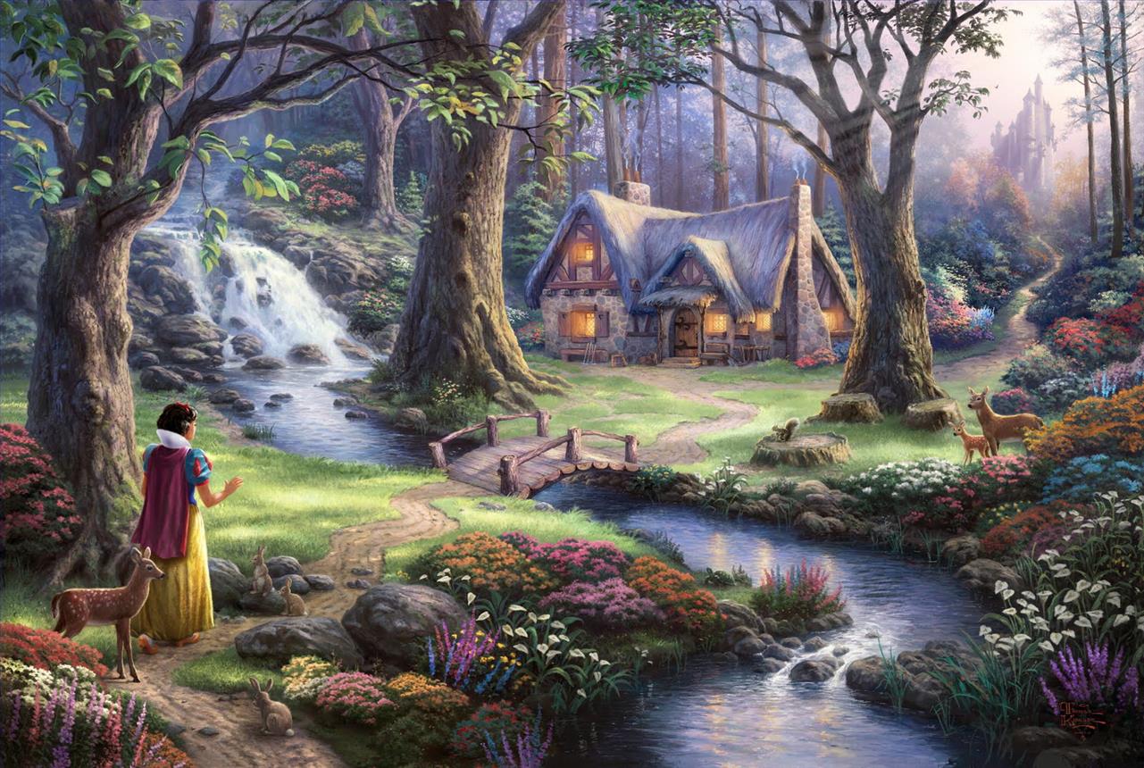 白雪姫がコテージを発見 トーマス・キンケード油絵